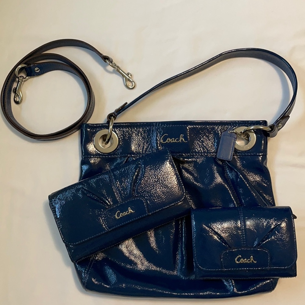 Coach Ashley Cobalt Patent Convertible & Wallets Set EXC